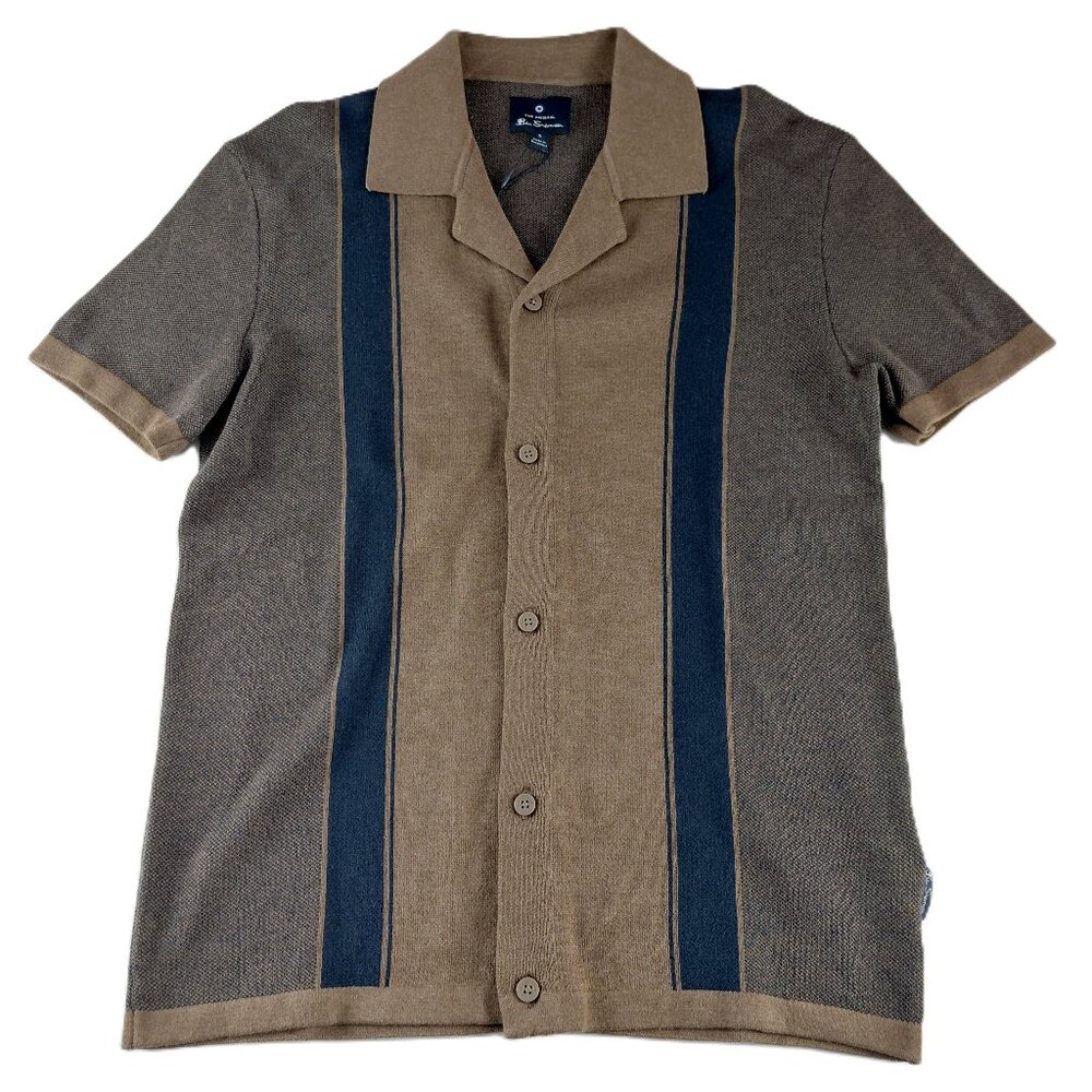 Ben Sherman Button Front Short Sleeve Sweater Men's Small Chestnut Navy Striped